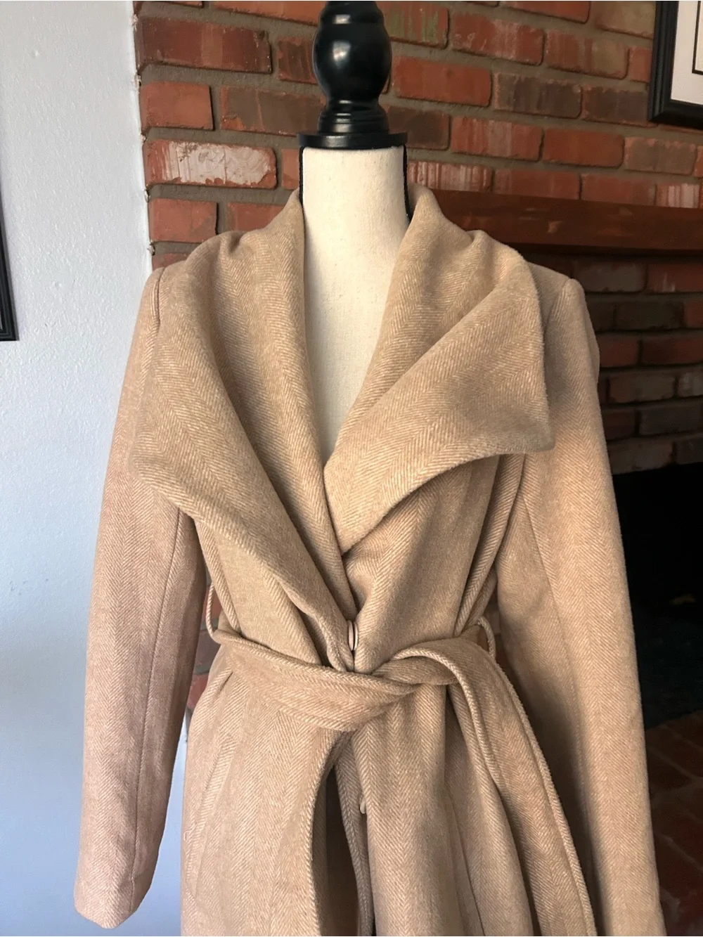 Rachel Parcell Herringbone Long Wool Blend Wrap Coat in Tan Sz S - Picture 3 of 11